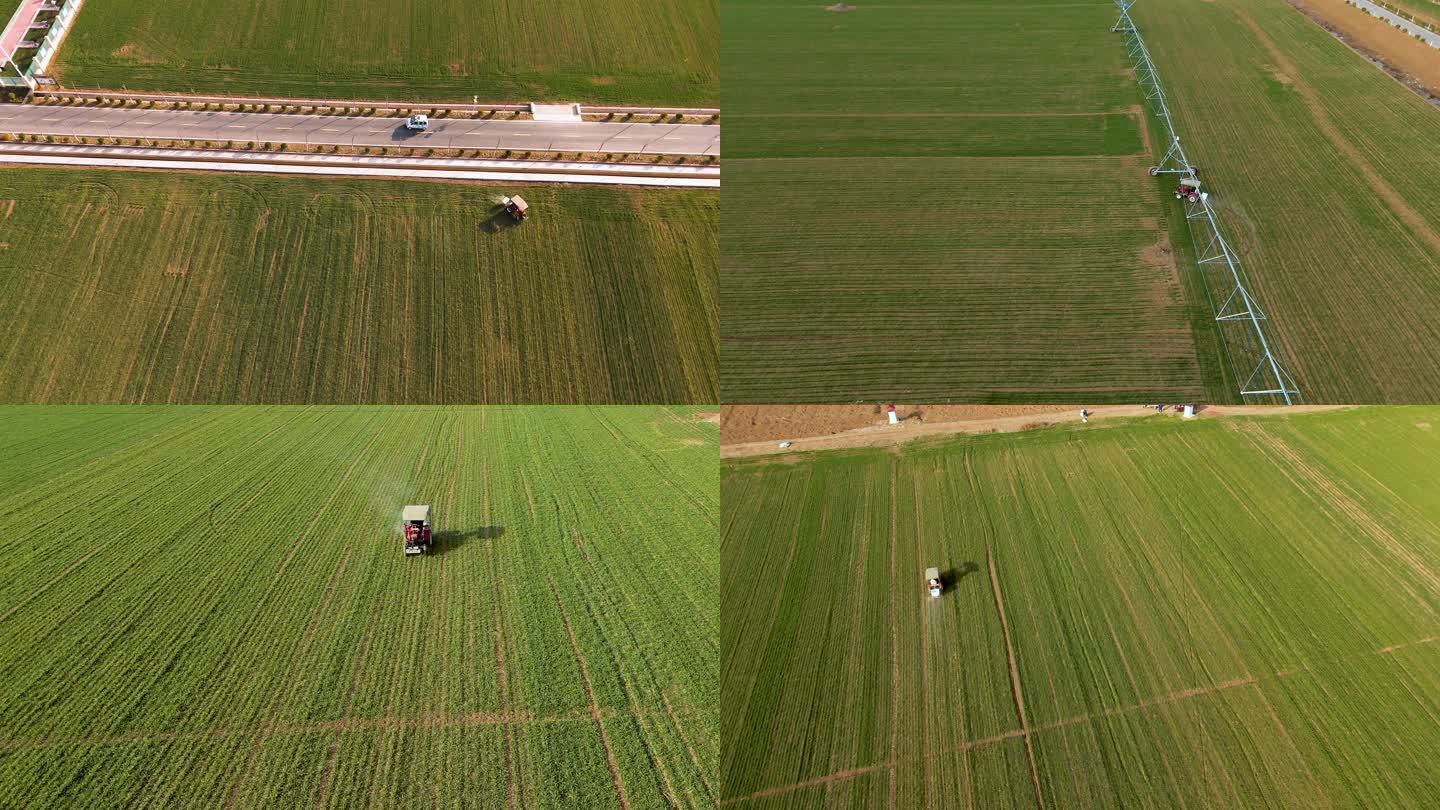 农业麦田机械化灌溉施肥航拍空镜