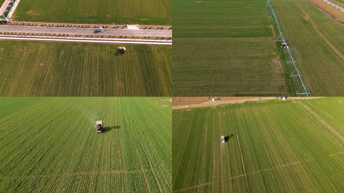 农业麦田机械化灌溉施肥航拍空镜