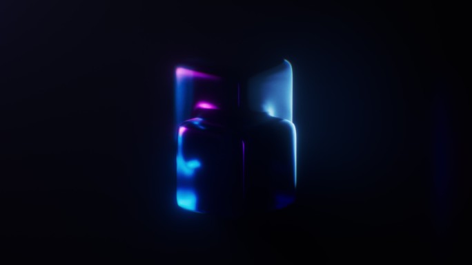 抽象玻璃几何体与霓虹灯光循环动画3D渲染