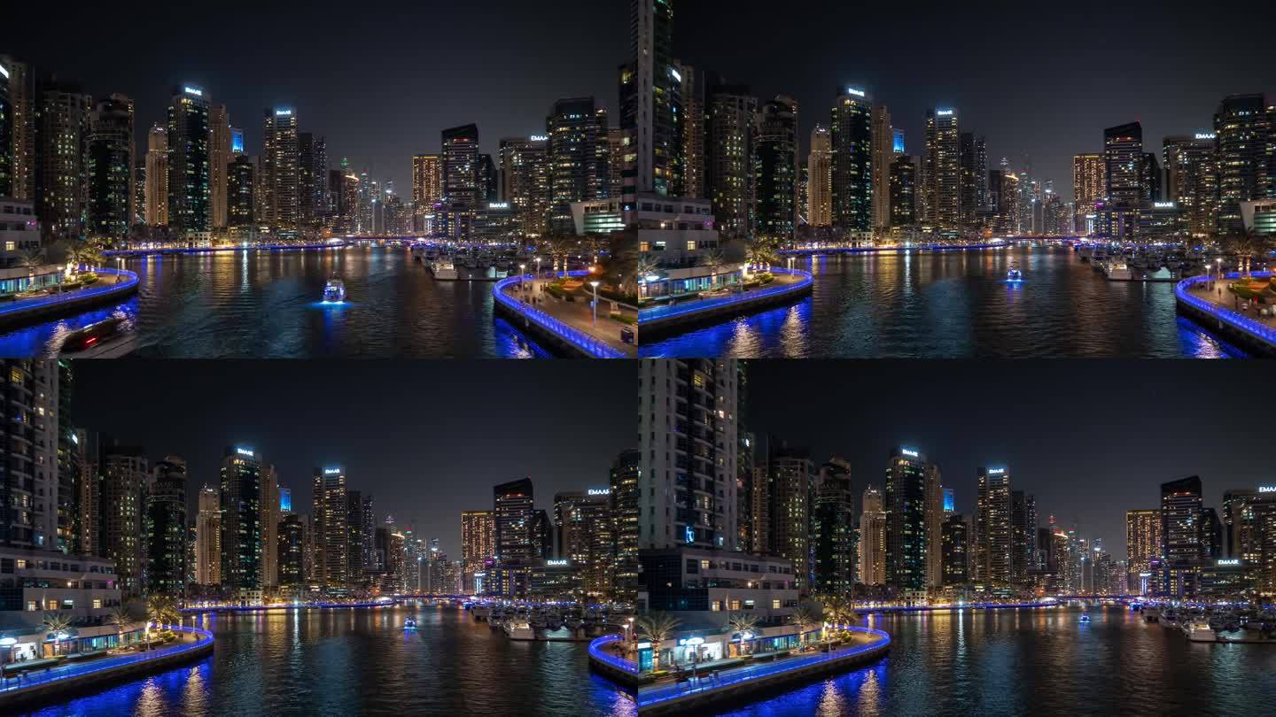夜间照明迪拜码头城区交通大桥全景4k延时阿联酋