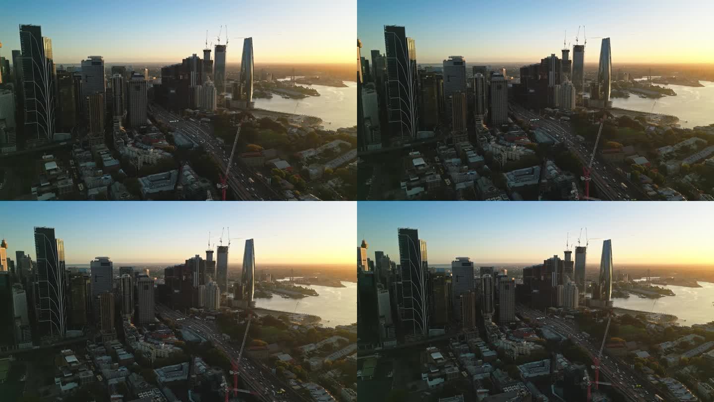 澳大利亚悉尼，日出时乘坐飞机拍摄的悉尼中央商务区各种建筑的4K鸟瞰图