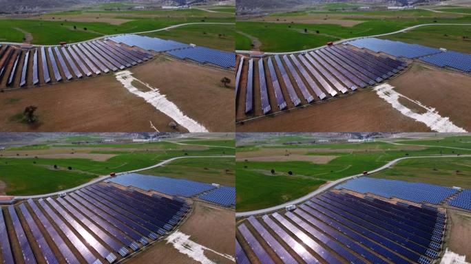 太阳能电池板大规模阵列产生可再生能源。可持续能源和资源背景。无人机航拍图