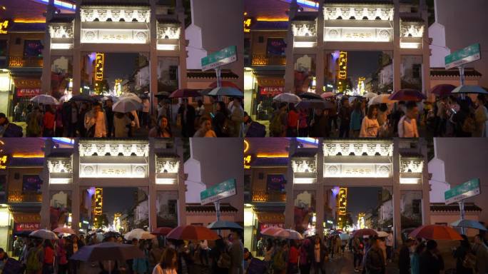 夜景照明长沙市市中心老拥挤步行街全景4k中国