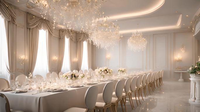 白色长条桌蛋糕婚宴厅
