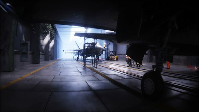 工厂生产军用战斗机f - 35。军用工厂武器。逼真的4k动画。