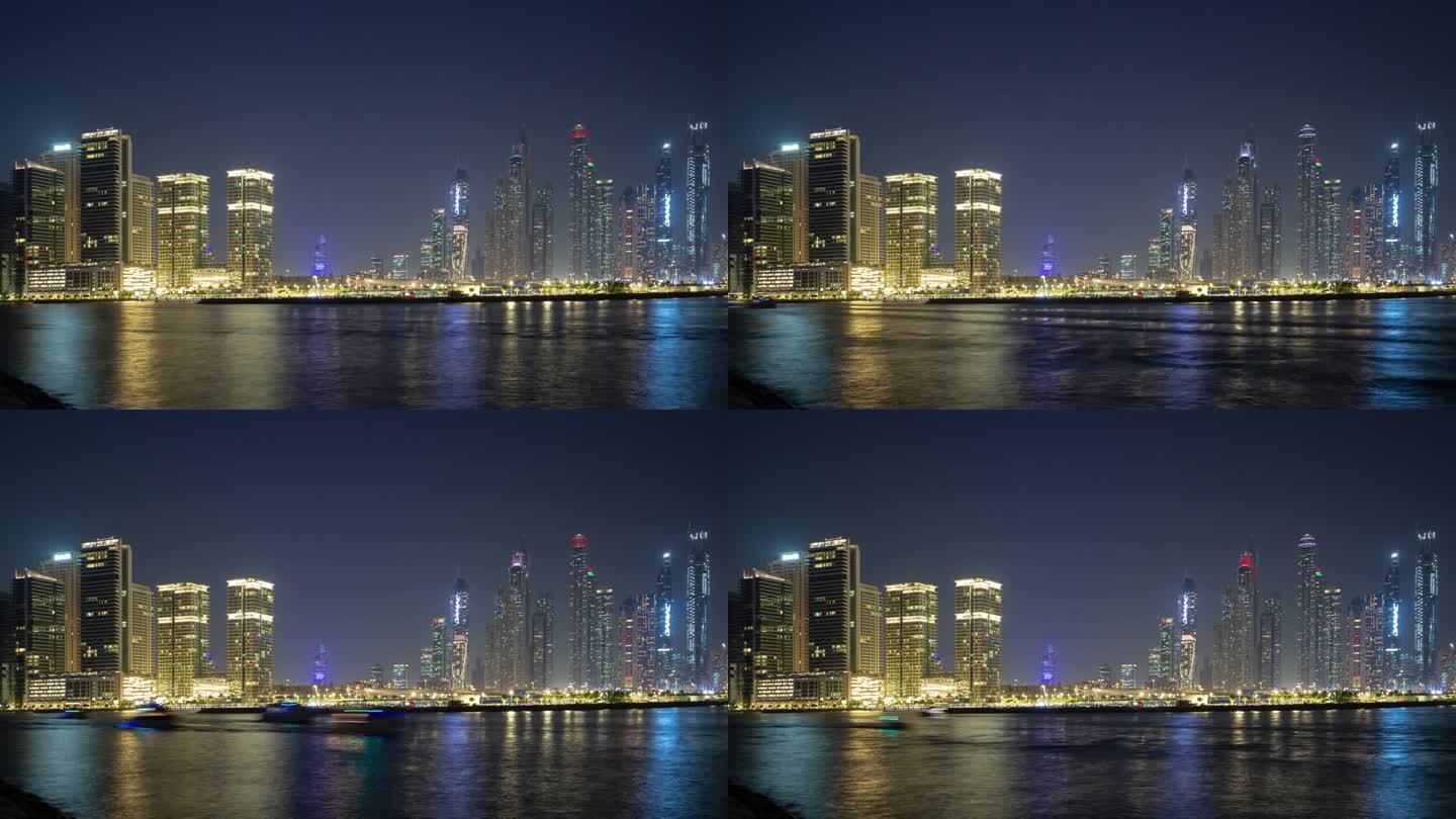 夜间照明迪拜市著名的棕榈岛滨海湾全景4k延时阿联酋