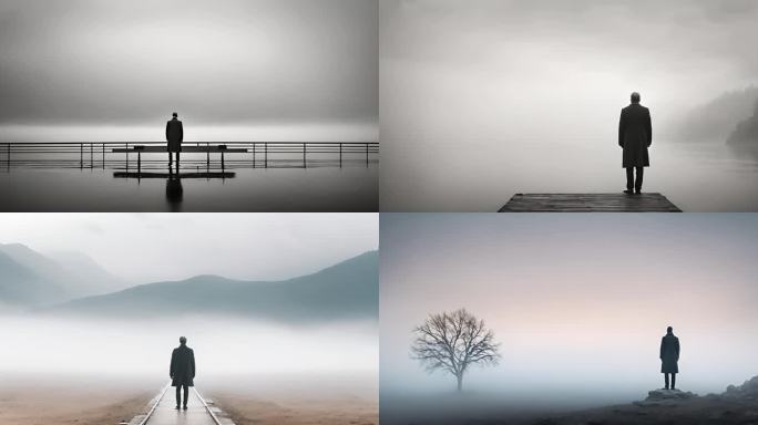漫天白雾中的孤独朦胧背影