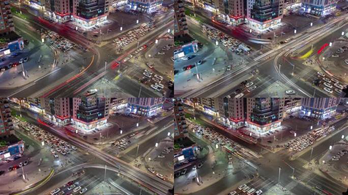 夜间照明阿布扎比城市交通街道十字路口屋顶全景4k延时阿联酋