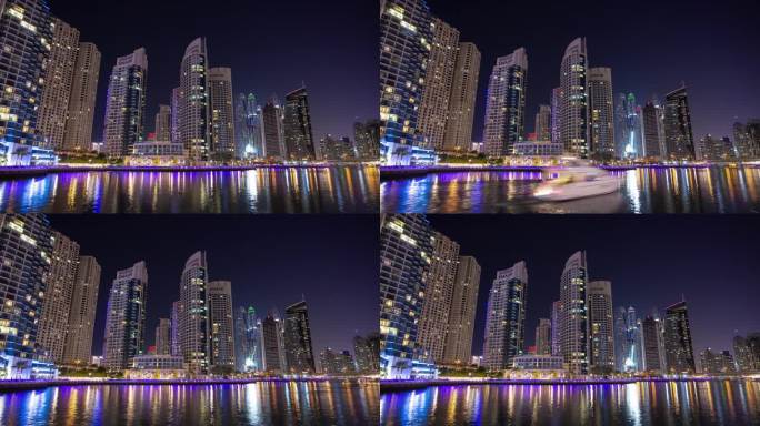 夜晚照亮著名的迪拜码头步行湾反射桥全景4k延时阿联酋