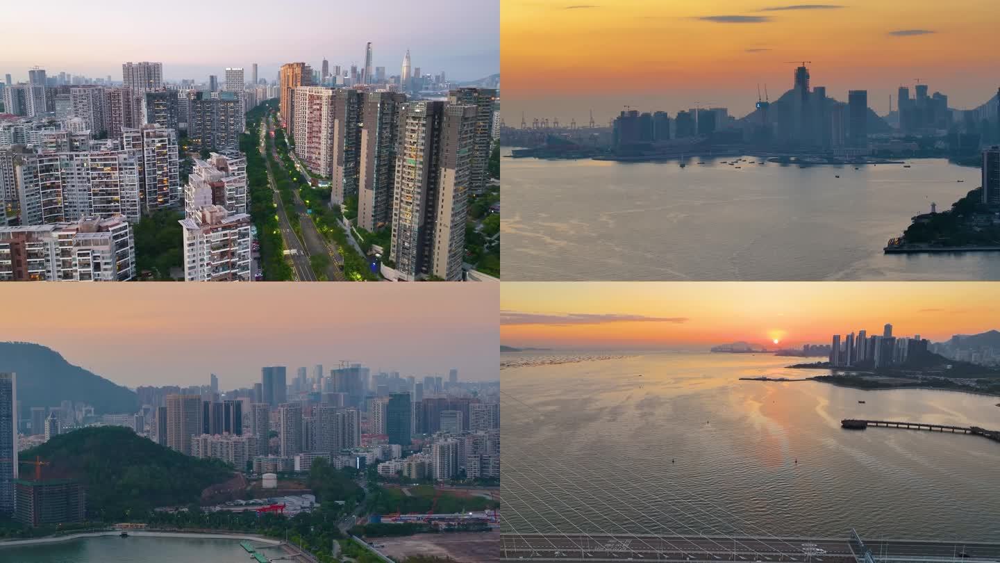 夕阳西下深圳湾航拍日落傍晚黄昏风景风光深