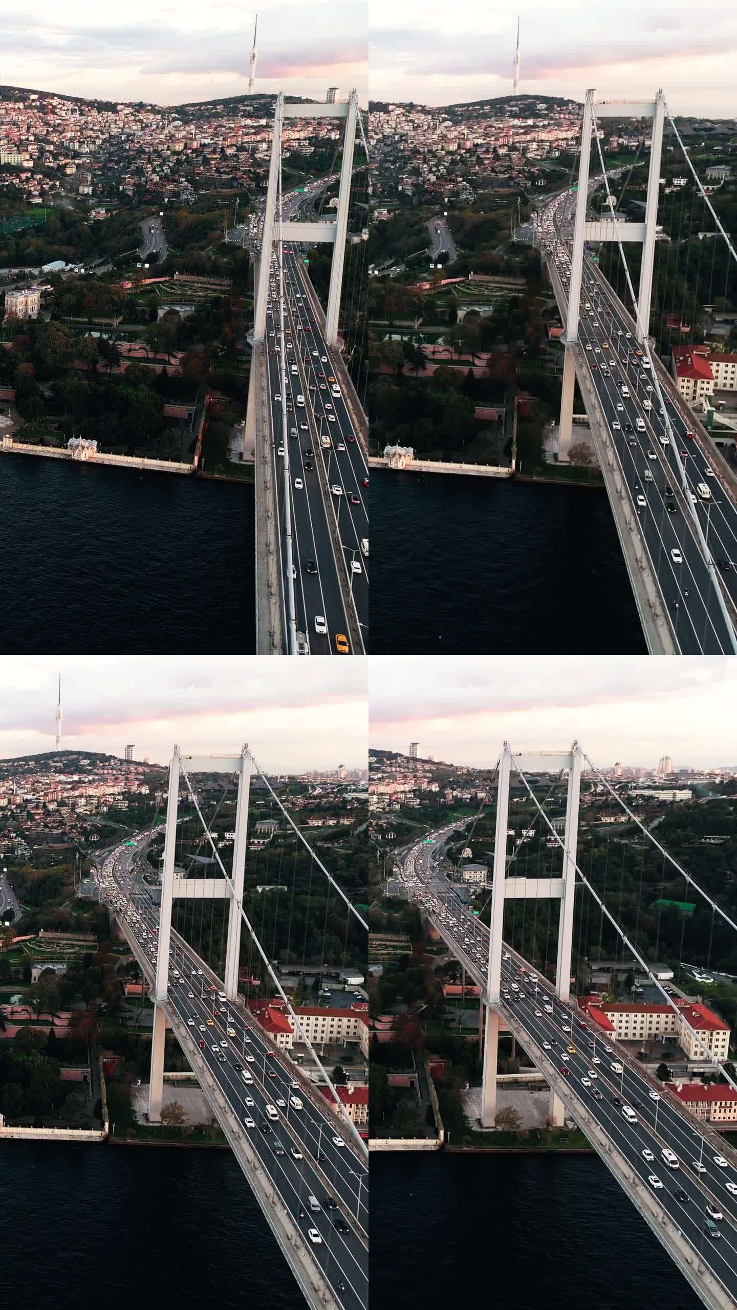 航拍的博斯普鲁斯大桥:无人机拍摄的7月15日烈士桥和博斯普鲁斯海峡亚洲一侧的贝勒贝伊宫，#Temmu