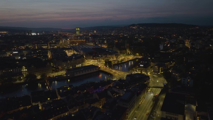 日落之夜苏黎世市中心火车站外交通街道航拍全景4k瑞士