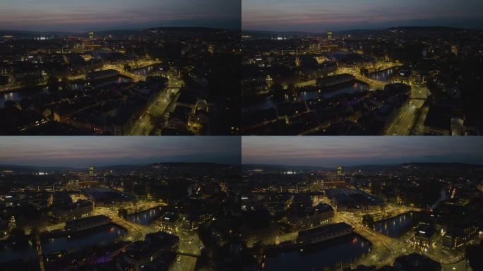 日落之夜苏黎世市中心火车站外交通街道航拍全景4k瑞士