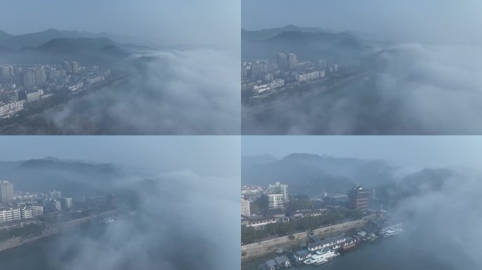 航拍清晨雾气缭绕的富春江
