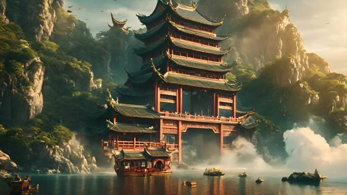 中式建筑湖水景点寺庙