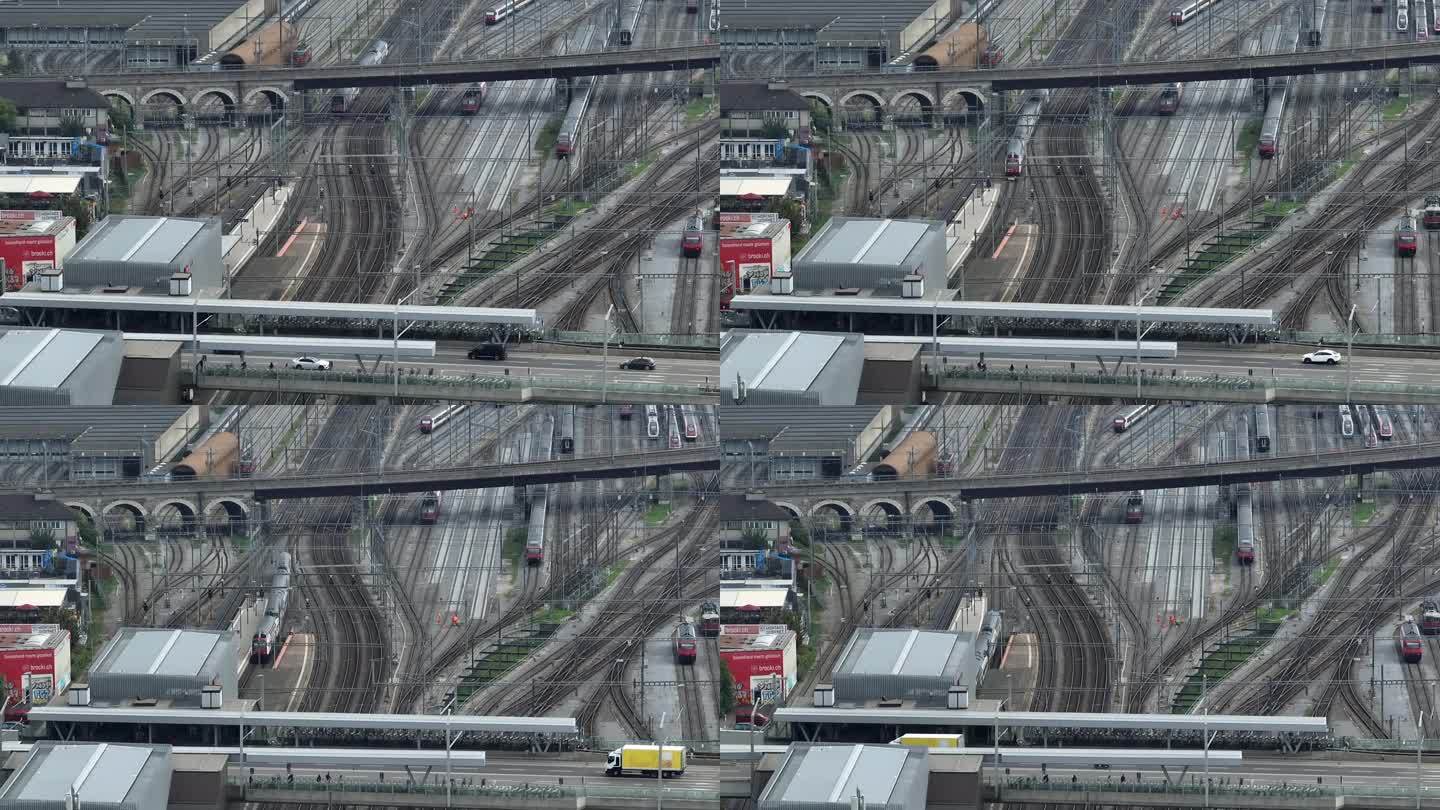 白天飞行在苏黎世市中心火车站铁路交通大桥鸟瞰图4k瑞士