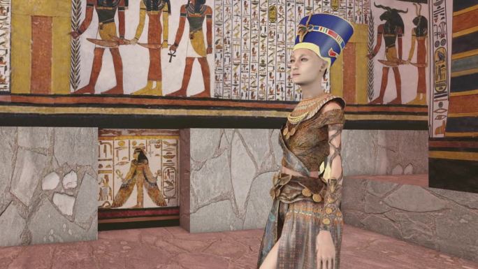 在古埃及古墓中有古壁画的女王娜芙蒂蒂。历史3d渲染动画。