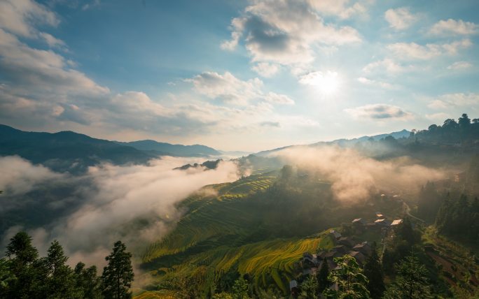 梯田 大山 天空 云海日出 延时摄影