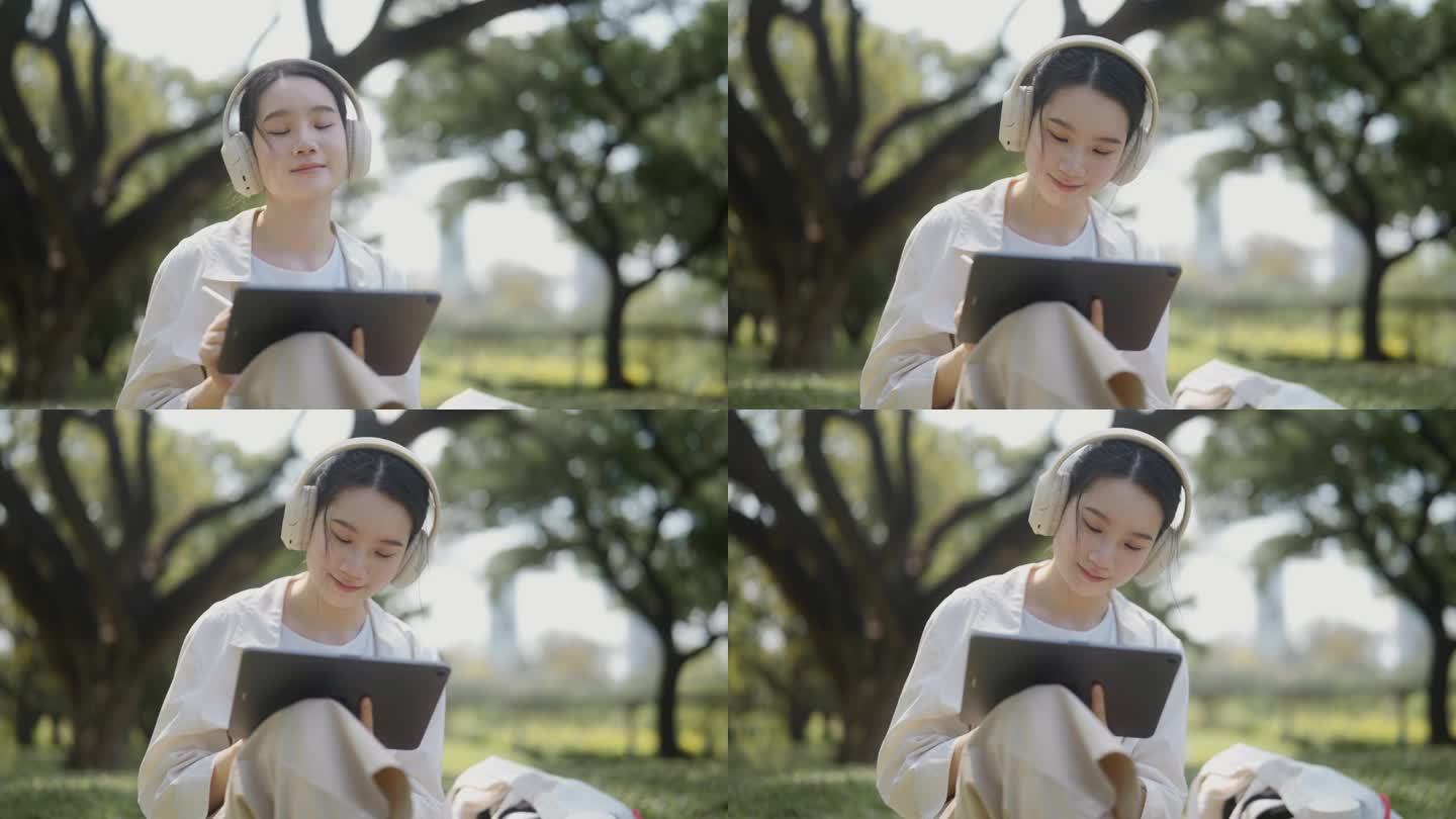 美丽的亚洲少女在一个美好的日子里在公园里放松地在她的数码平板电脑上画画。