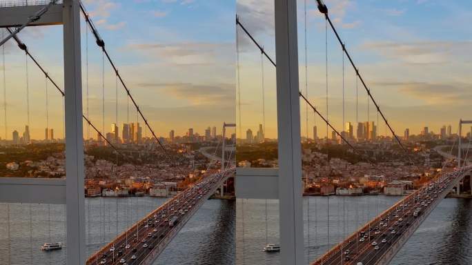 黄金时刻的第二博斯普鲁斯大桥和金融区:由标志性的法提赫苏丹穆罕默德大桥拥抱黄昏，#伊斯坦布尔vibe