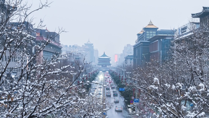 西安钟楼雪景延时