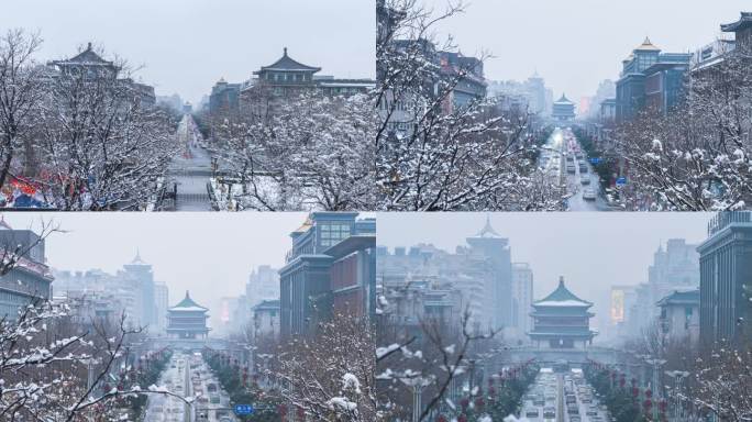 西安钟楼雪景延时