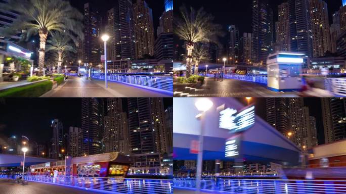 夜间照明迪拜码头著名的旅游海湾步行全景4k延时阿联酋