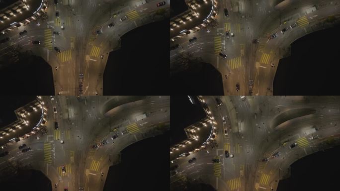 夜间照明苏黎世市中心有轨电车交通街道十字路口空中俯瞰全景4k瑞士