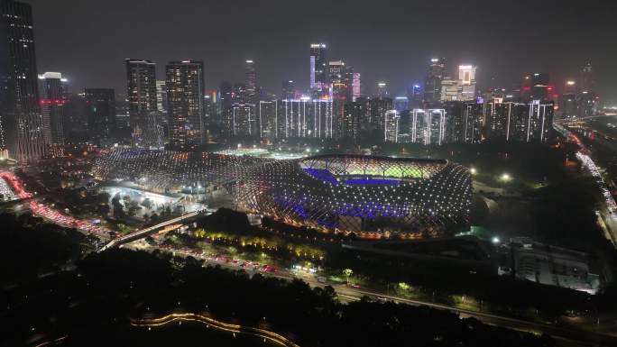 深圳湾体育中心体育场夜晚夜景航拍春茧体育