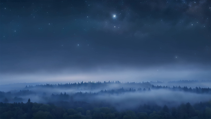凌晨星空下的雾天树林