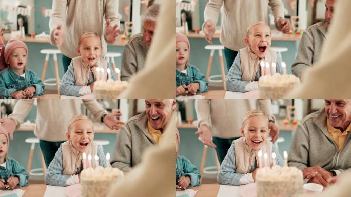 生日聚会，惊喜蛋糕，孩子和家人一起在快乐的家里吃甜点庆祝。聚会，遮住眼睛和社交聚会的人，祖父母和孩子