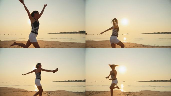 悠闲的女人在沙滩上跑步，享受假期中的日落