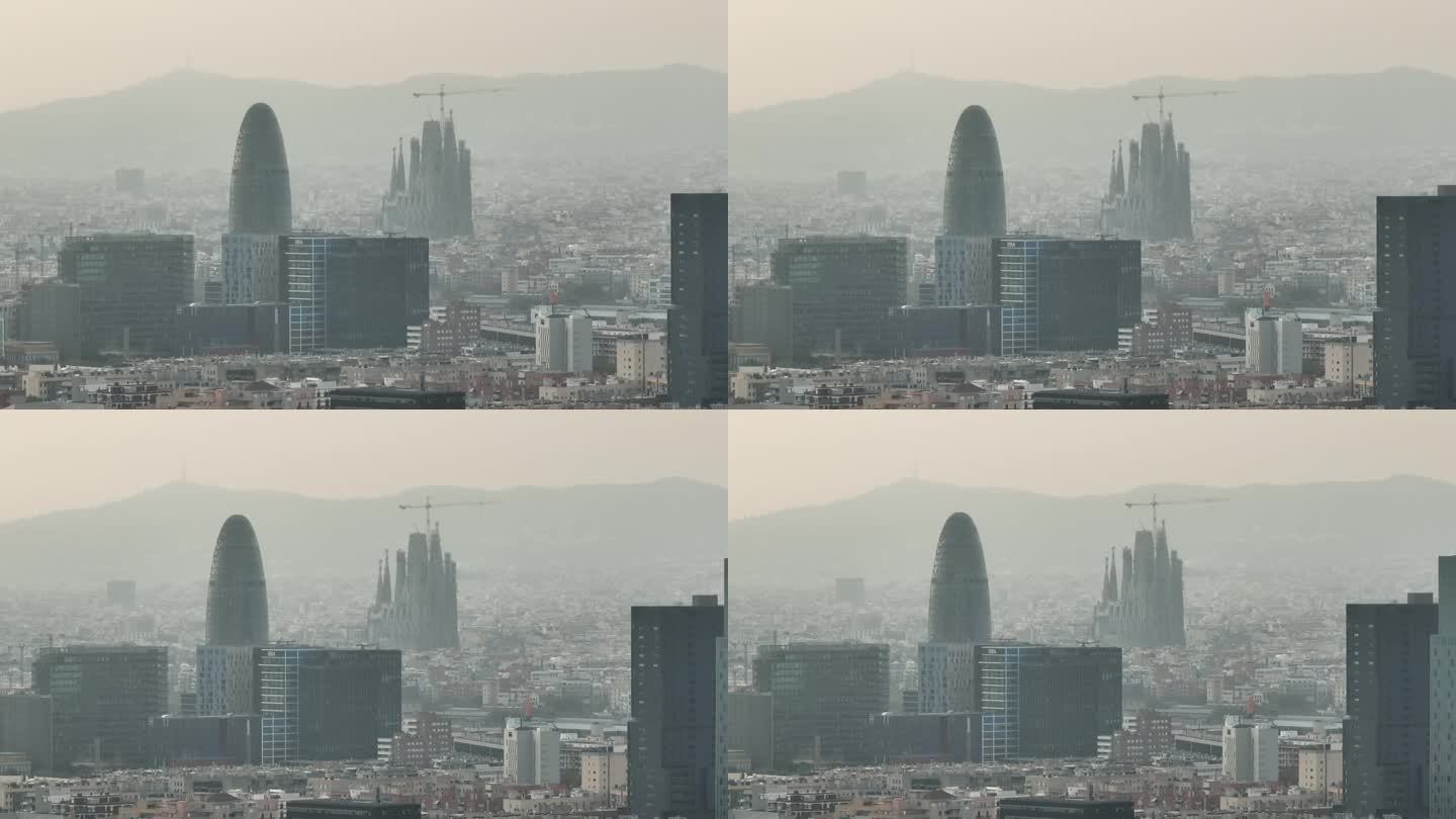 白天烟雾巴塞罗那市最著名的建筑航拍全景4k西班牙