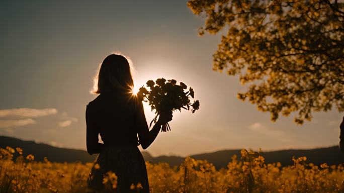 女生手捧鲜花背影剪影