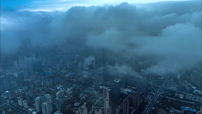 武汉汉口长江主轴城市上空雨后航拍延时