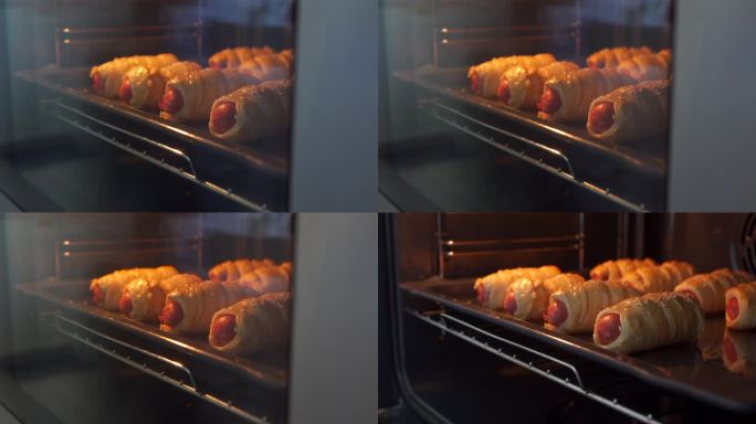 在烤箱的烤盘上烤香肠，在家里制作香肠的过程