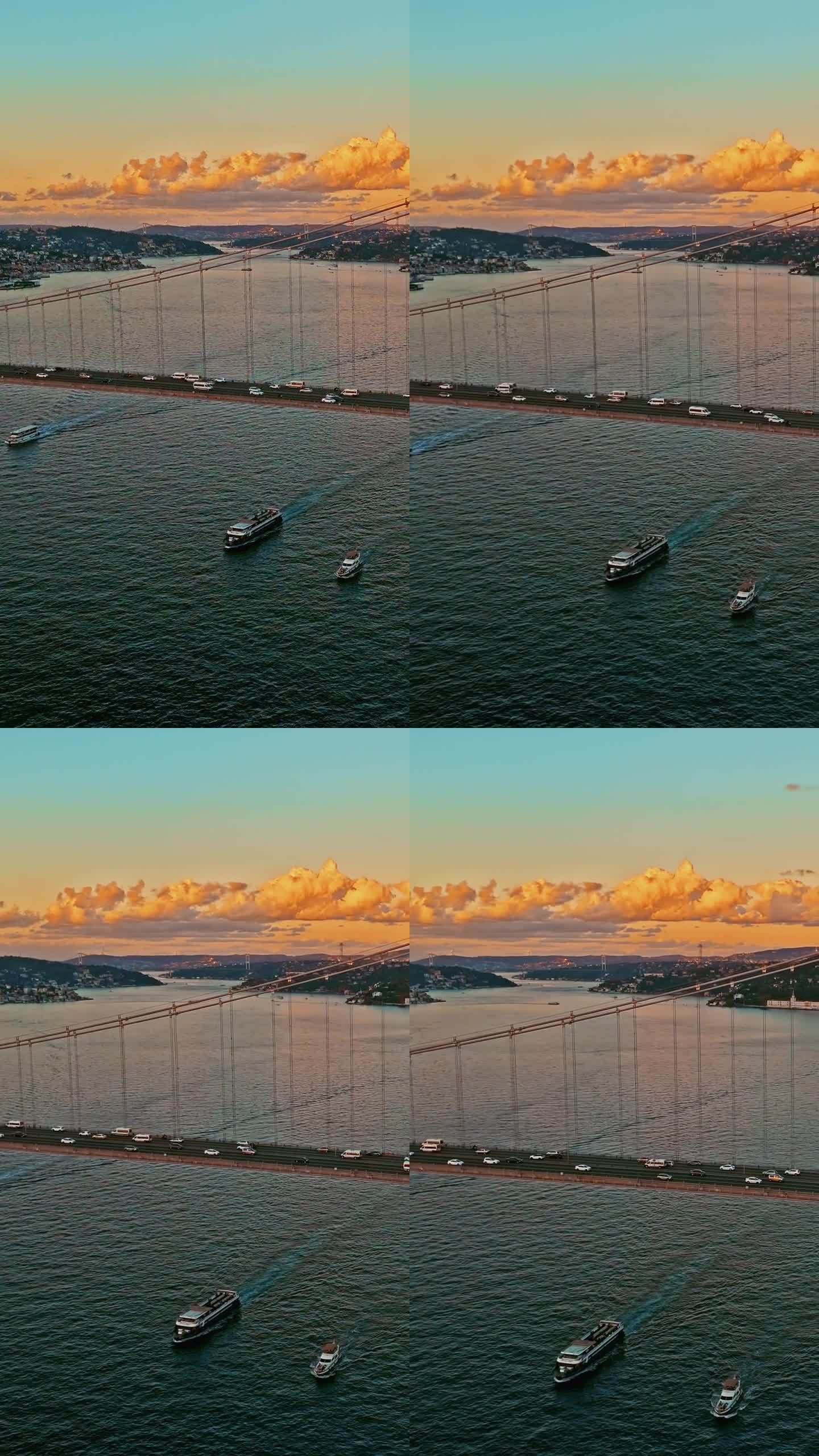 航拍雄伟的博斯普鲁斯大桥:无人机拍摄的7月15日烈士大桥和迷人的博斯普鲁斯海峡日落，#TemmuzŞ