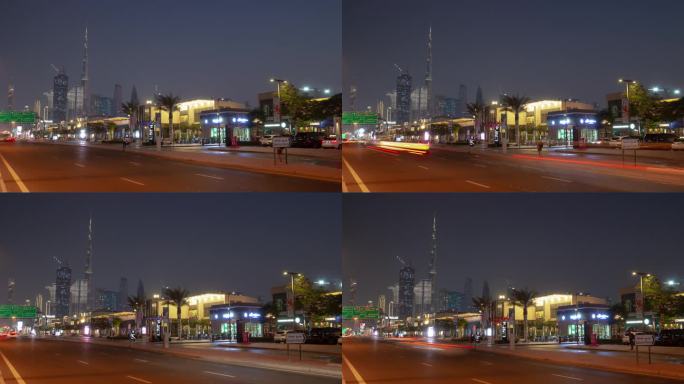 夜间照明迪拜市中心交通街道全景4k延时阿联酋