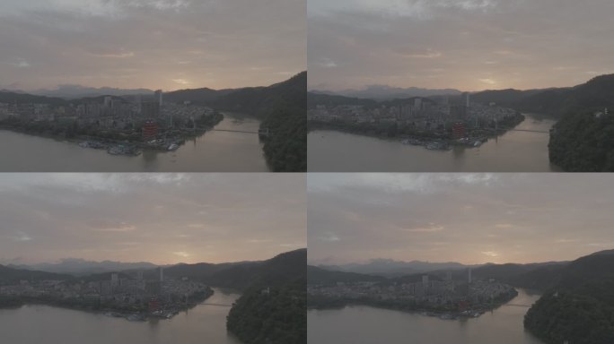 航拍富春江小城市日落美景D-log原片