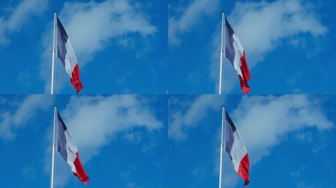 在晴朗的日子里，法国的国旗是在蓝天背景上由蓝、白、红三个垂直条纹组成的三色旗