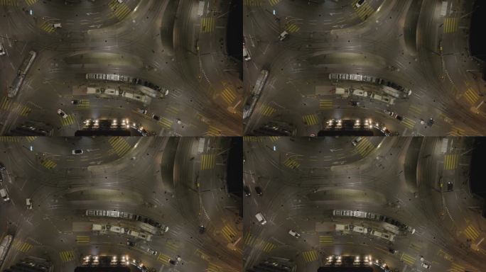 夜间照明苏黎世城市有轨电车交通街道十字路口空中俯瞰全景4k瑞士