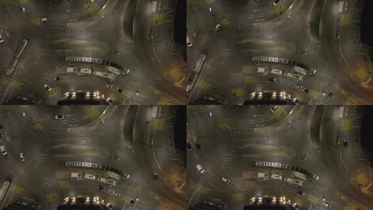 夜间照明苏黎世城市有轨电车交通街道十字路口空中俯瞰全景4k瑞士