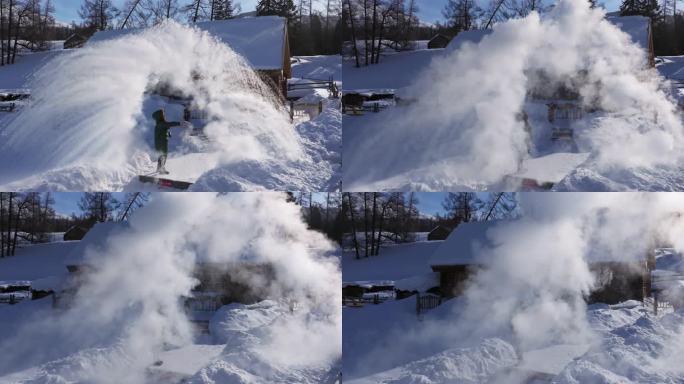 年轻女子在白雪覆盖小木屋前泼水成冰慢镜头