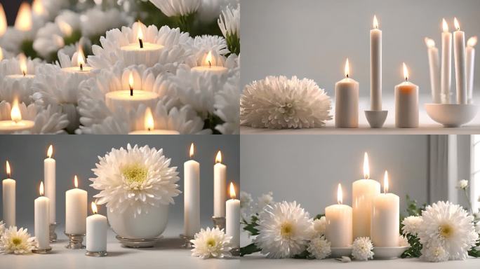 白色菊花和蜡烛燃烧祈祷祈福