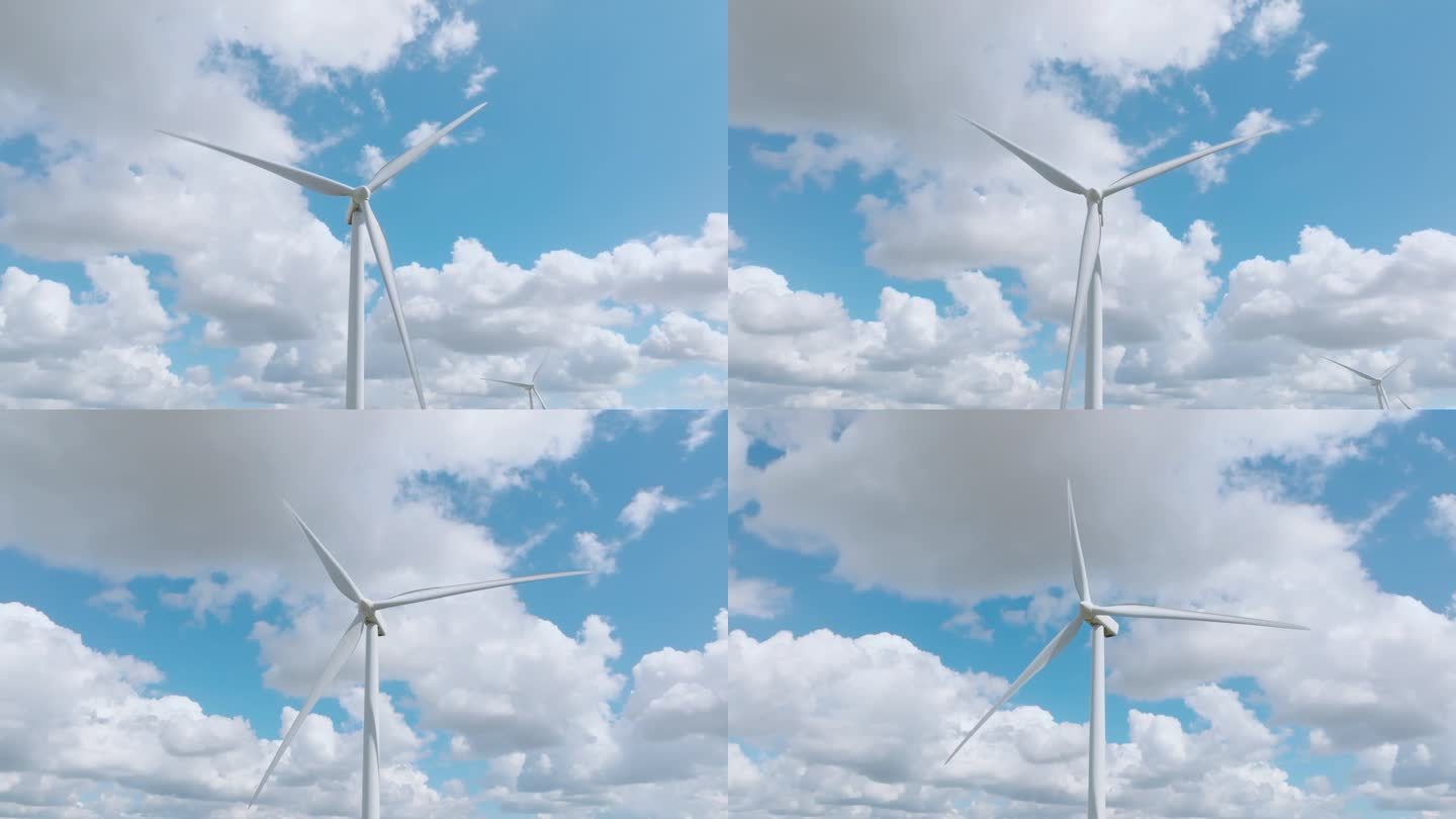 风力发电机和美丽的蓝天为背景。可持续资源背景