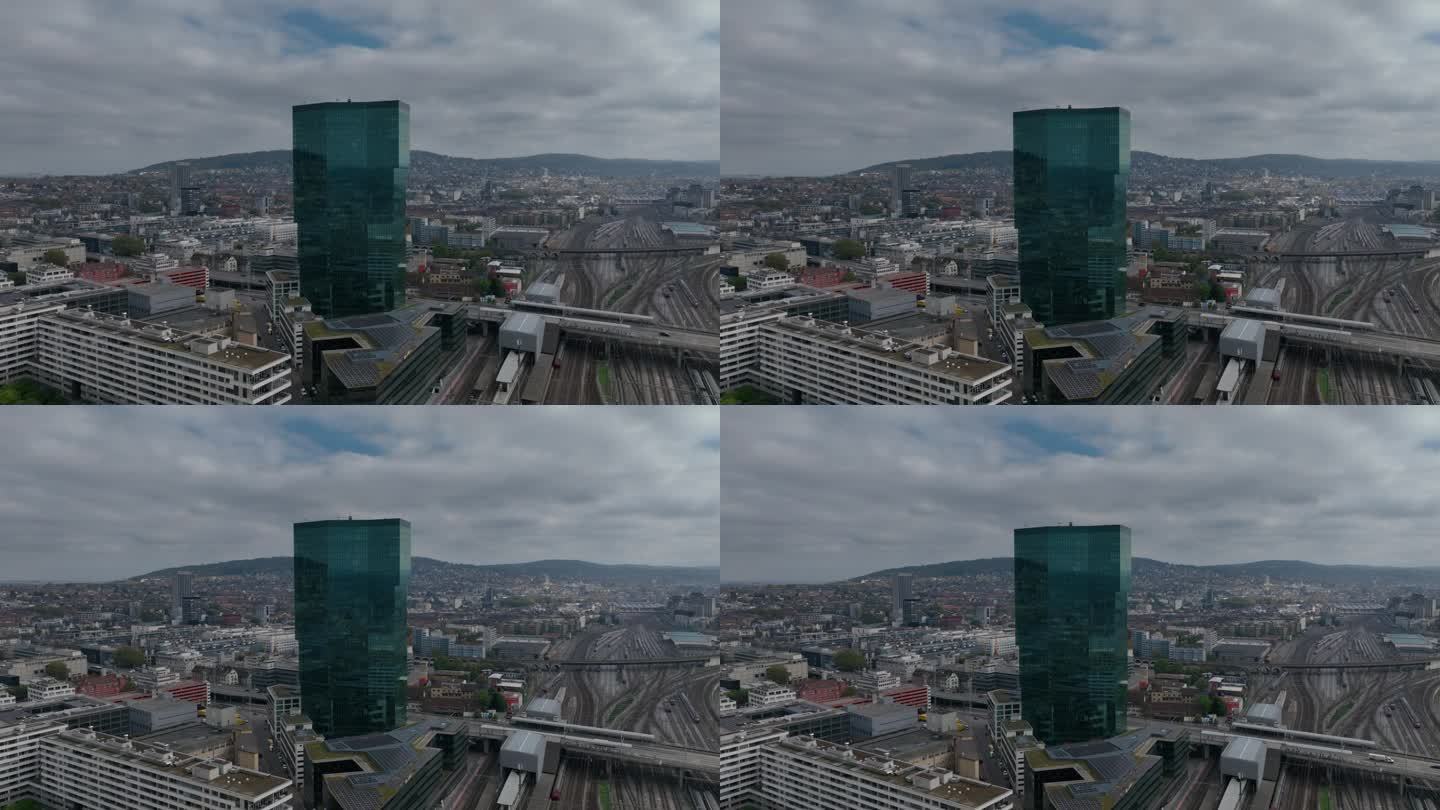白天苏黎世市景火车站铁路现代办公大楼外部鸟瞰全景4k瑞士