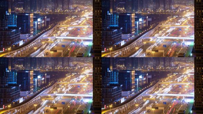 迪拜城市夜间照明市中心主要交通道路屋顶全景4k延时阿联酋