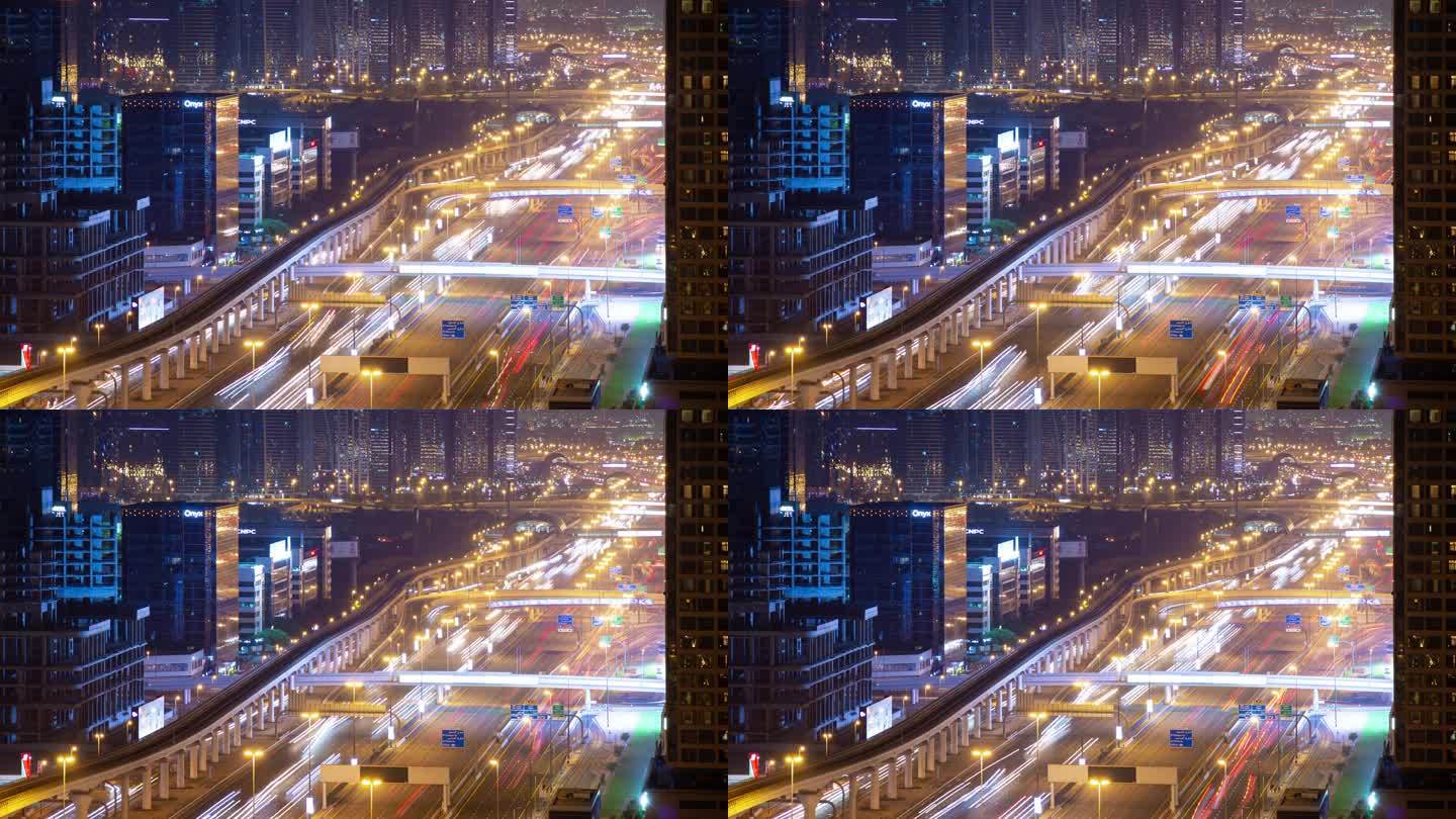 迪拜城市夜间照明市中心主要交通道路屋顶全景4k延时阿联酋