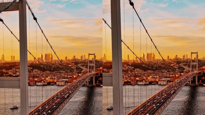 黄金时刻的第二博斯普鲁斯大桥和金融区:在黄昏时分拥抱标志性的法提赫苏丹穆罕默德大桥，# istanb