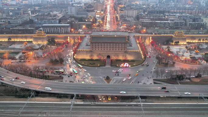 西安北门城墙安远门夜景无人机航拍视频18